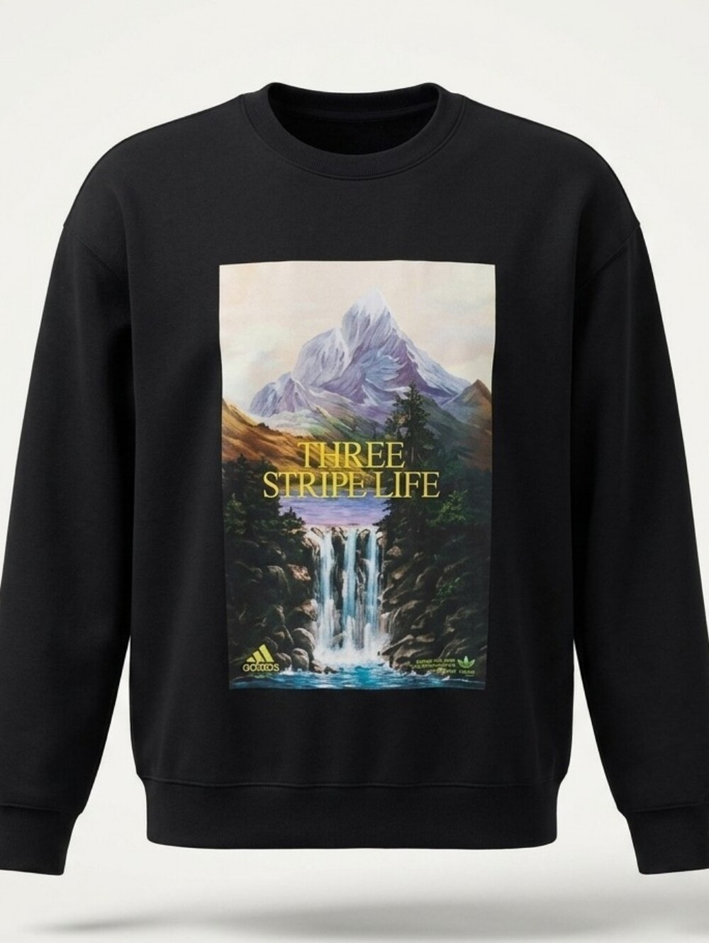 303. adidas Black Mountain Graphic Sweatshirt Three Stripe Life Crewneck Fleece